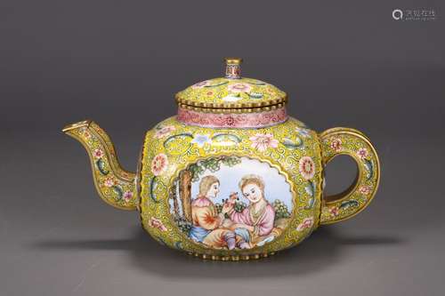 A Chinese Bronze Enameled Teapot Of Figure Painting