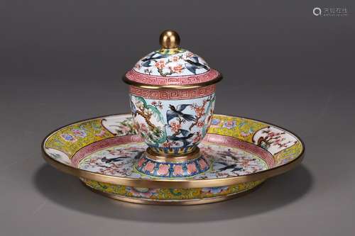 Set Of Chinese Bronze Enameled Cup&Plate