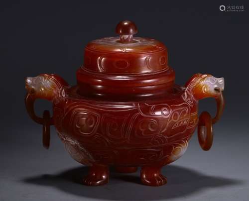 A Chinese Red Agate Tripod Censer
