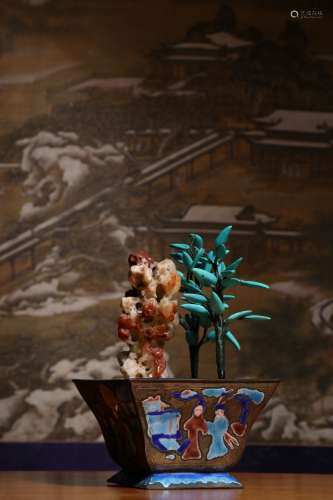 A Chinese Agate&Turquoise Stone Bonsai With Cloisonne