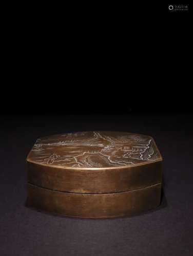 A Chinese Bronze Ink Box Of Landscape Carving