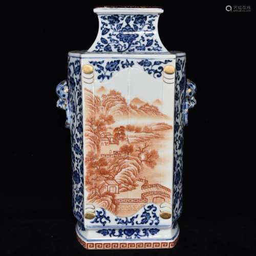 A Chinese Porcelain Blue And White Square Vase Of Beast Shaping Ears