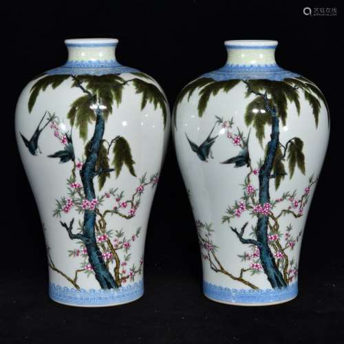 Pair Of Chinese Porcelain Enameled Meiping Vases Of Bird Painting