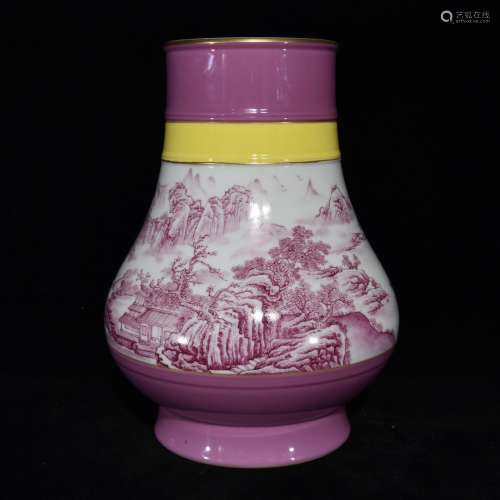 A Chinese Porcelain Pink Glazed Vase Of Landscape Painting