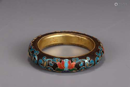 A Chinese Agarwood Bangle Embeded Enameled With Gilding