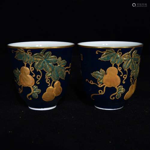 Pair Of Chinese Porcelain Blue Glazed Cups Of Gourd&Golden Painting
