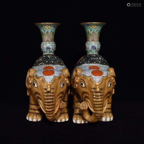 Pair Of Chinese Porcelain Famille Rose Elephant Shaping Vases Of Floral Pattern