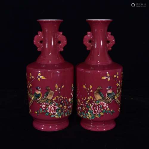 Pair Of Chinese Porcelain Pink Glazed Famille Rose Vases With Floral&Bird Pattern