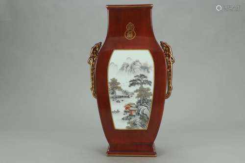 A Chinese Porcelain Glazed Ears Vase Of Landscape
