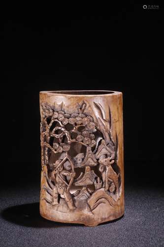 A Chinese Bamboo Brush Pot Of Deer Carving