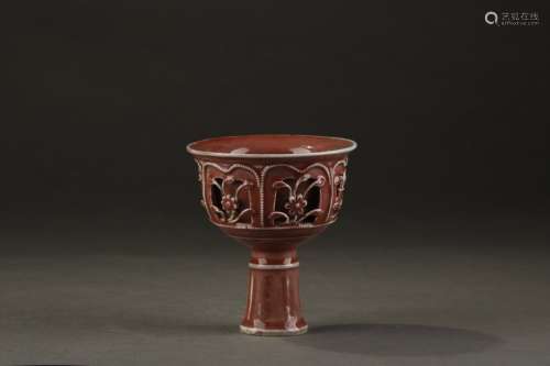 A Chinese Porcelain  Red Glazed Cup Of Floral Carving