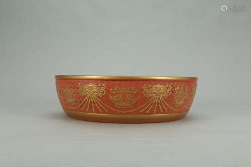 A Chinese Porcelain Red Glazed Brush Washer Of Dragon With Golden Painting