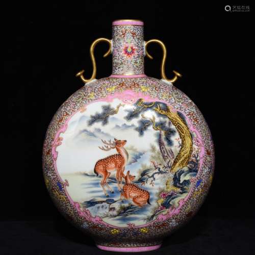 A Chinese Porcelain Famille Rose Deer-Painting Vase Of Gilding
