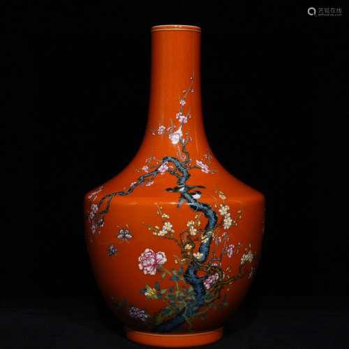 A Chinese Porcelain Alum Red Famille Rose Vase Of Landscape