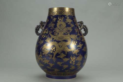 A Chinese Porcelain Blue Glazed Golden Painting Vase Of Dragon Pattern