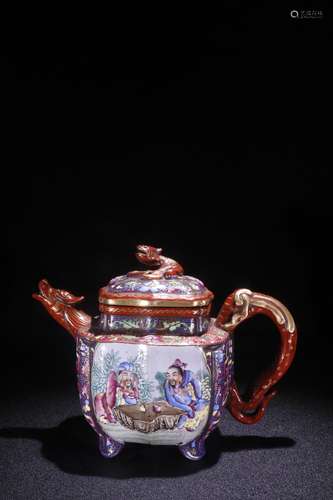 A Chinese Zisha Teapot Enameled Of Story Painting