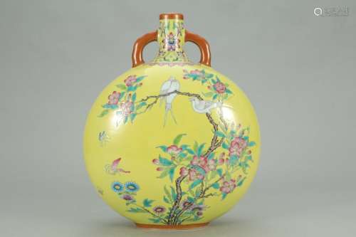 A Chinese Porcelain Yellow Glazed Famille Rose Moon Flask Vase Of Floral&Bird
