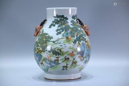 A Chinese Porcelain Famille Rose Vase With Deers Painting