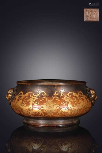 A Chinese Bronze Censer Of Beast Carving With Gilding