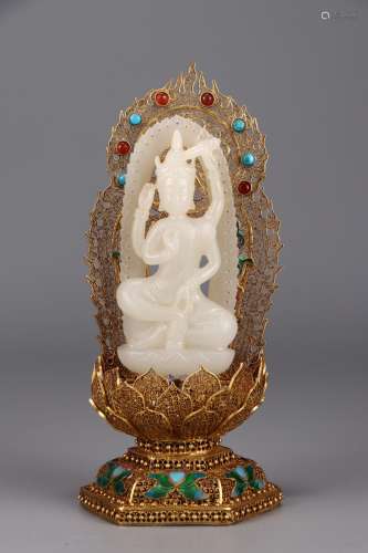 A Chinese Hetian Jade Guanyin Ornament With Gilt Silver Base