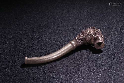 A Chinese Silver Pipe Of Dragon Carving