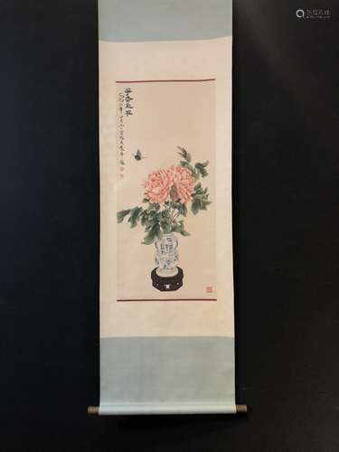 A Chinese Vertical Axis Painting Of Floral With Mark