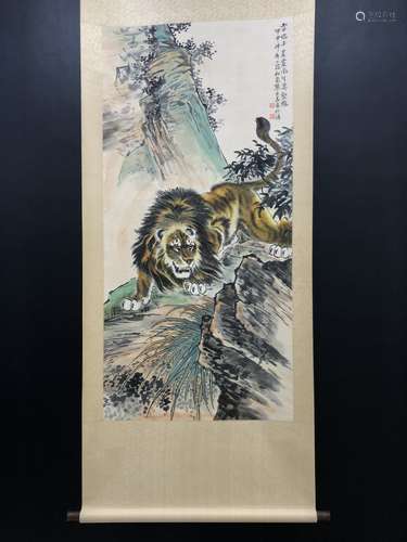 A Chinese Vertical Axis Painting Of Lion With Mark