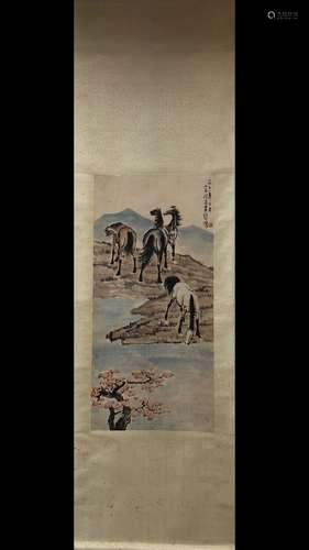 A Chinese Vertical Axis Painting Of Horses With Mark