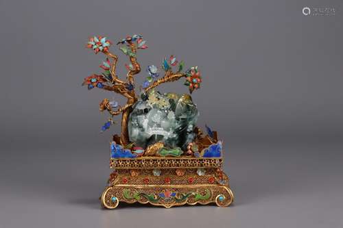 A Chinese Gilt Silver Enameling Blue Bonsai With Jadeite On