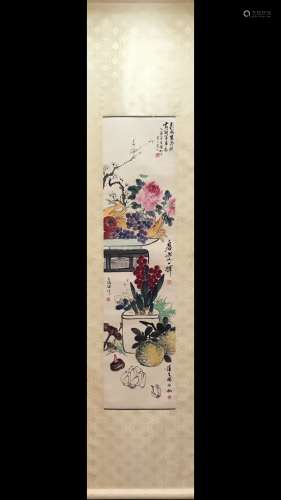 A Chinese Vertical Axis Painting Of Floral With Mark