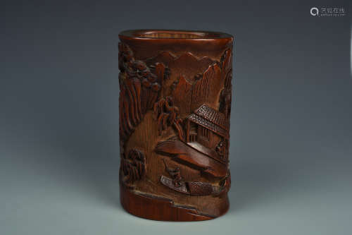 A CARVED BAMBOO BRUSHPOT QING DYNASTY