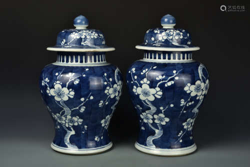 PAIR BLUE AND WHITE GARNITURES QING DYNASTY