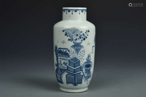 A BLUE AND WHITE HUNDRED ANTIQUES VASE QING DYNASTY