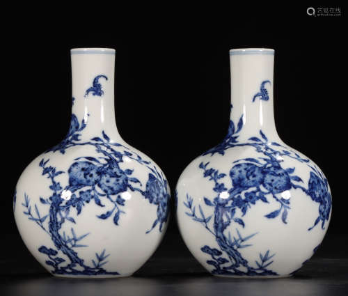 QIANLONG MARK, PAIR OF CHINESE BLUE & WHITE VASE