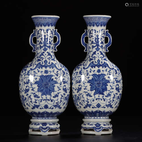 QIANLONG MARK, PAIR OF CHINESE BLUE & WHITE VASE