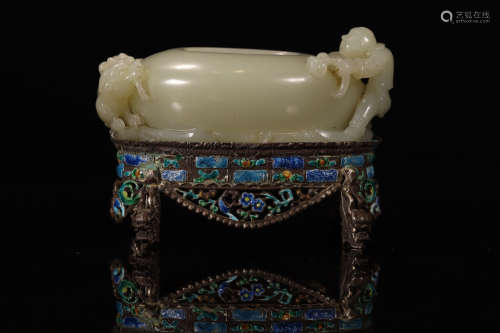 CHINESE SILVER WATER POT DECORATED W/ HETIAN JADE