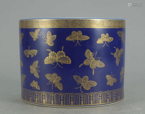 GUANGXU MARK, CHINESE GILT BLUE GLAZED BRUSH POT