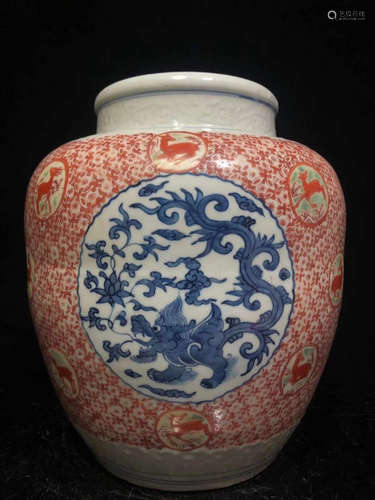 LONGQING MARK, CHINESE BLUE & WHITE RED GLAZED DRAGON JAR