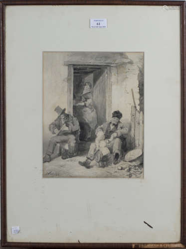 Erskine Nicol - Figures outside a Cottage Doorway, monochrome watercolour, signed and dated '68