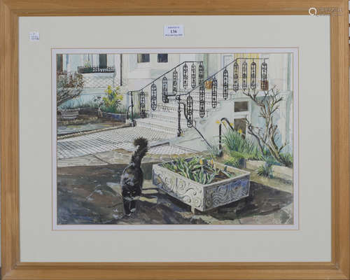 Richard P. Cook - Black Cat outside a Brighton House, 20th century watercolour, signed, 33cm x 45cm,