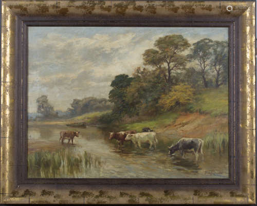 Fred Knowles - 'A Favourite Haunt' (Cattle watering at a River), late 19th/early 20th century oil on