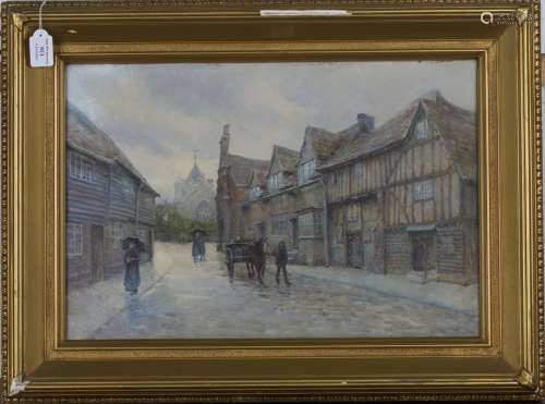 Victor Wyatt Burnand - View towards St Mary's Church, Rye, East Sussex, on a Rainy Day, watercolour,