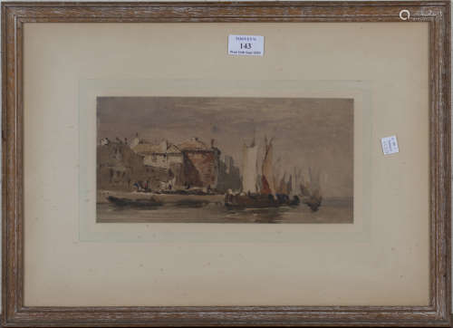 Circle of W.J. Muller - Sailing Vessels at a Quay, watercolour, artist's name inscribed verso, 13.