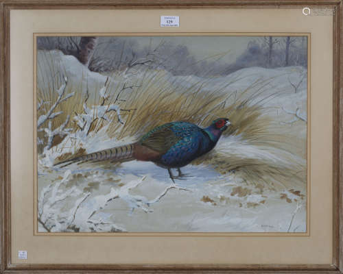 Philip Rickman - Pheasant in a Snowy Landscape, watercolour with gouache, signed and indistinctly