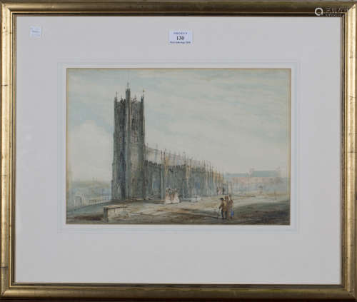 British School - View of a Town Square with Figures outside a Church, watercolour and ink, signed