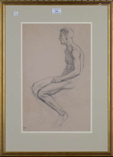 Patrick Hall - Male Life Study, charcoal, signed in pencil, 44cm x 28cm, within a gilt frame,