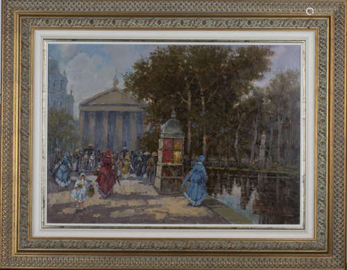 Antoine Di Mao - Busy Paris Street Scene with Figures walking past a Morris Advertising Column, late