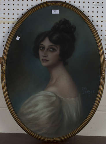 Eva Sawyer - Oval Portrait of a Lady looking over Her Shoulder, pastel, signed and dated 1919,