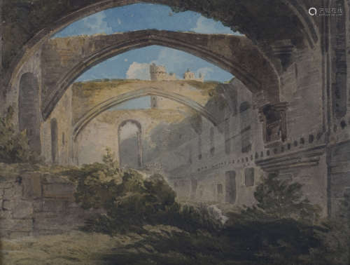 Circle of Anthony van Dyke Copley Fielding - Ruins at Conway, watercolour, inscribed verso, 18.5cm x