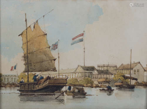 Circle of George Chinnery - 'Factories, Canton' (Junk in Canton Harbour), early/mid-19th century